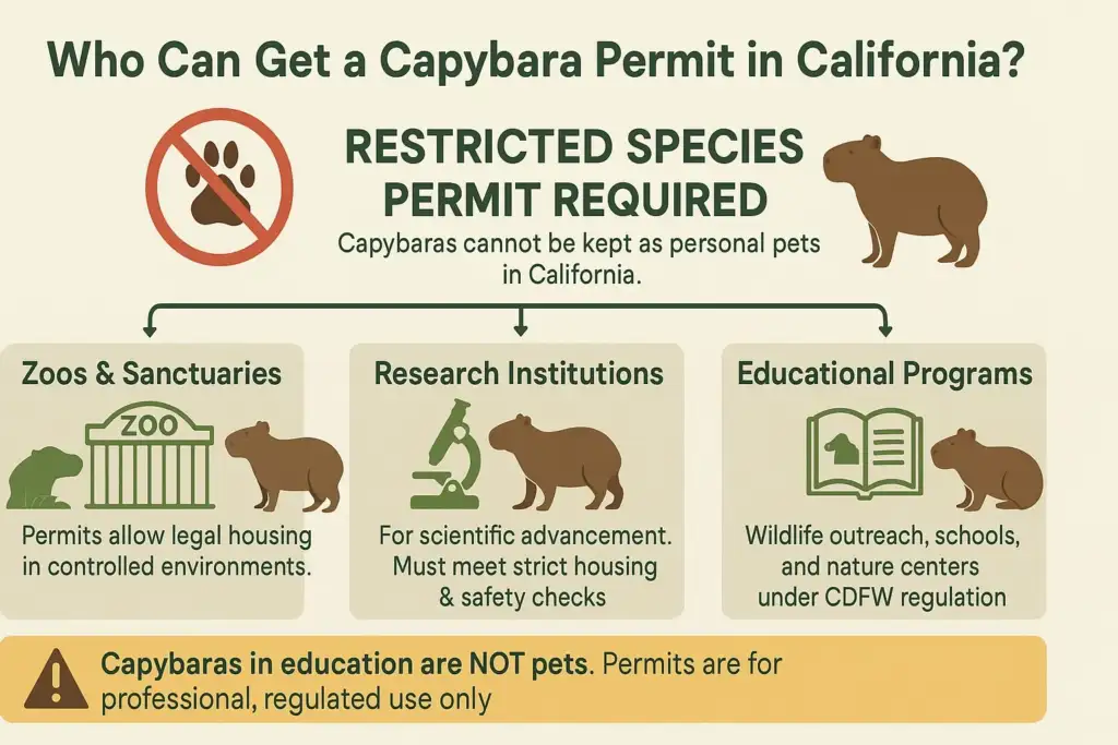 Infographic showing who can get a capybara permit in California, including zoos, research institutions, and educational programs.