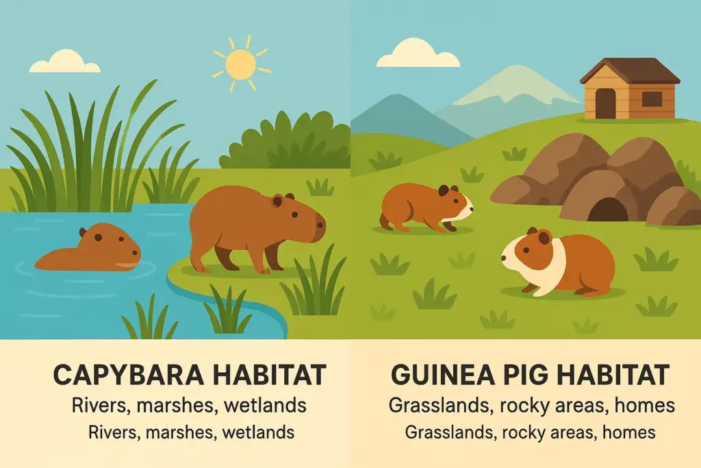 Capybara habitat on the left with rivers and wetlands, Guinea Pig habitat on the right with grasslands and rocky areas, light blue background infographic