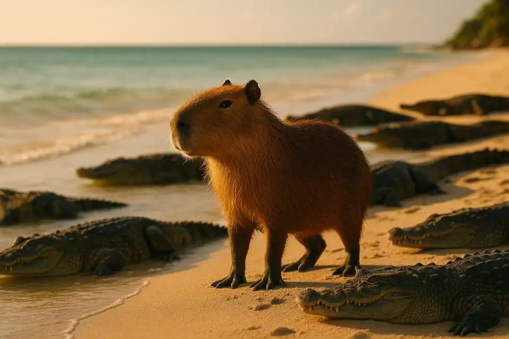 Capybara on beach with crocodiles.
