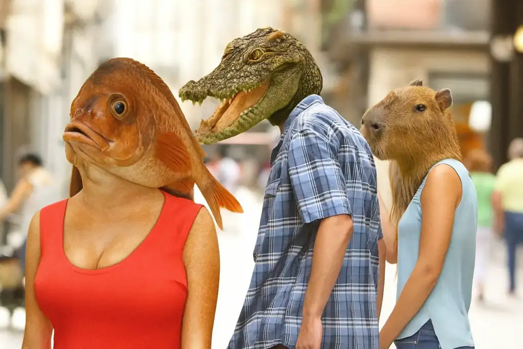 Crocodile turning head to look at a fish in a red dress while a capybara in a blue top reacts in shock, parodying the distracted boyfriend meme.