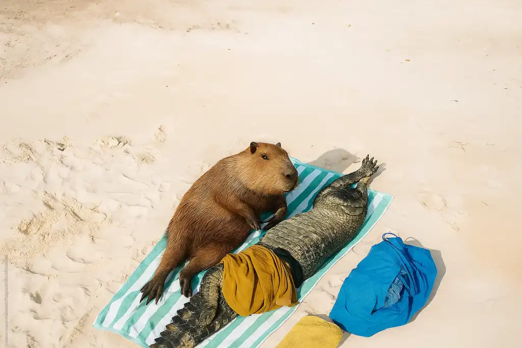 Capybara resting beside a crocodile on a beach towel under the sun, playful concept art for “crocodile eating capybara.”