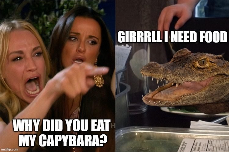 Meme of a crocodile eating capybara joke — split panel image with a woman angrily pointing on the left saying “WHY DID YOU EAT MY CAPYBARA?” and a crocodile on the right replying “GIRRRL I NEED FOOD.”