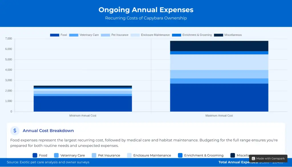 A bar chart visualizing the minimum and maximum ongoing annual expenses of owning a capybara.