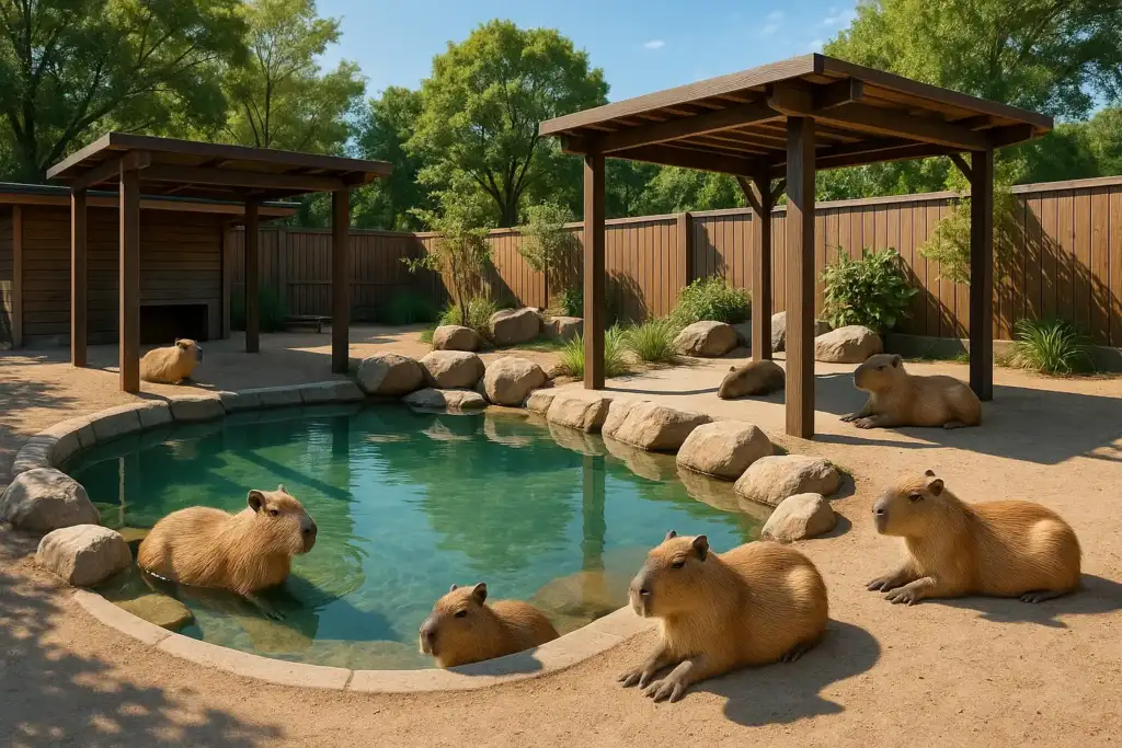 7 capybaras are sitting in the backyard lounge. this image shows how much you need to develop your backyard before petting a capybara. I want users to think of the best backyard a capybara deserves