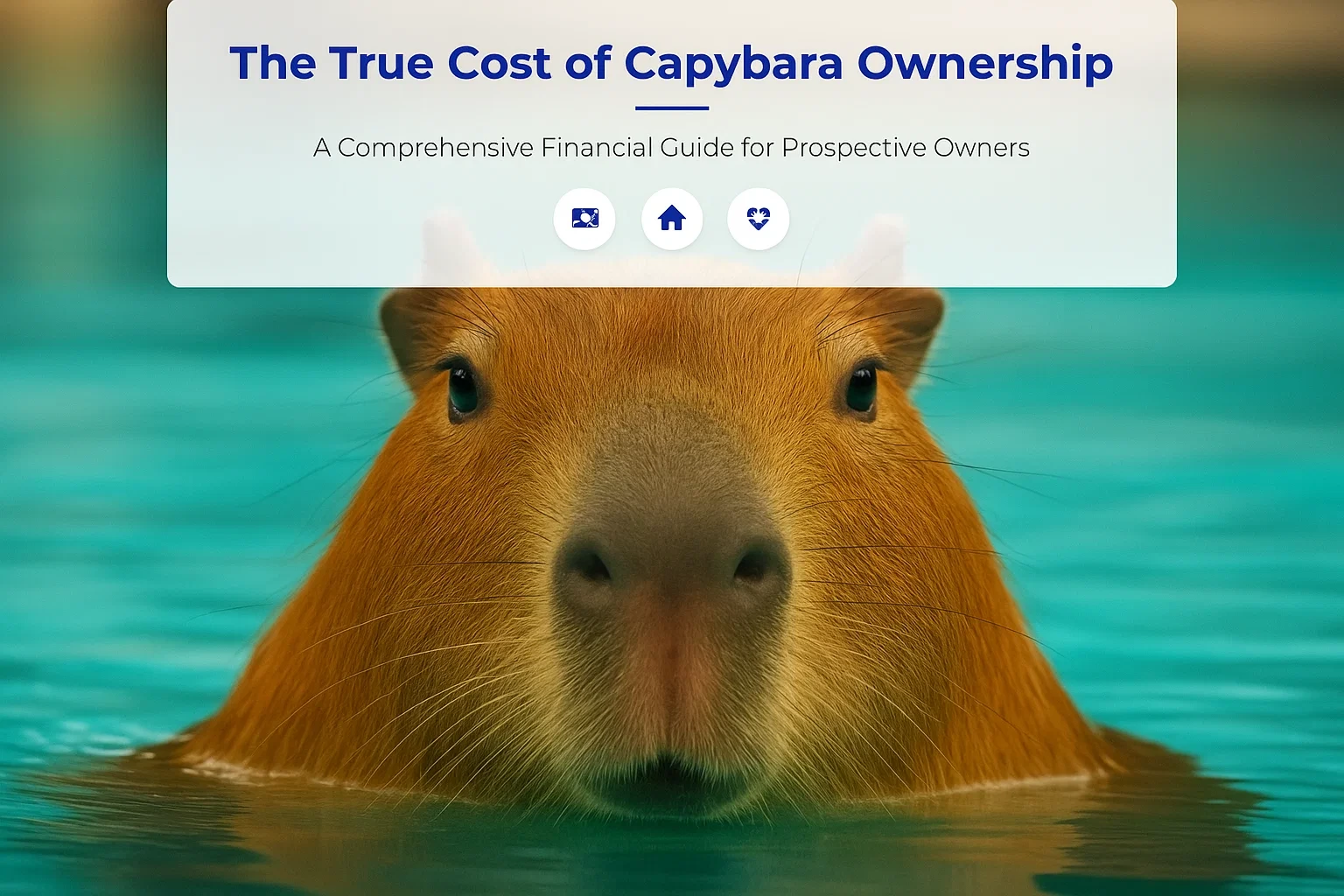 A close-up of a capybara in the water, with the title "The True Cost of Capybara Ownership.
