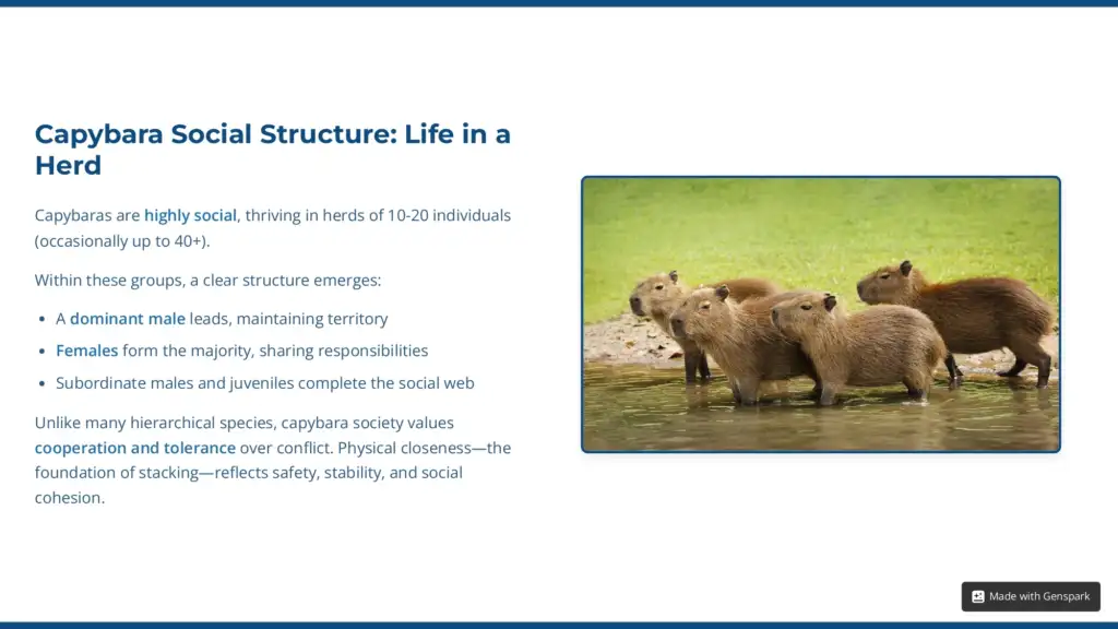  A group of six capybaras standing together at the edge of a body of water, showing their social herd structure.