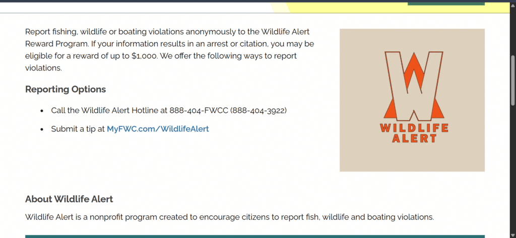 Screenshot of FWC Wildlife Alert reporting page
