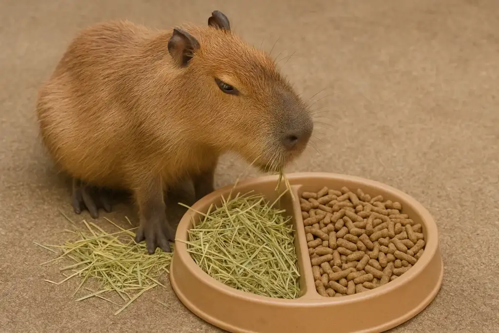 capybara in florida eating hay and palletes