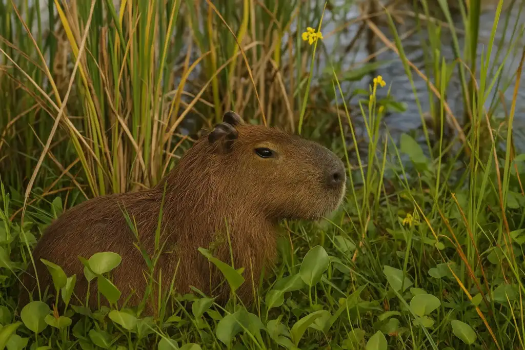 Image of a capybara partially camouflaged among Florida wetland vegetation.