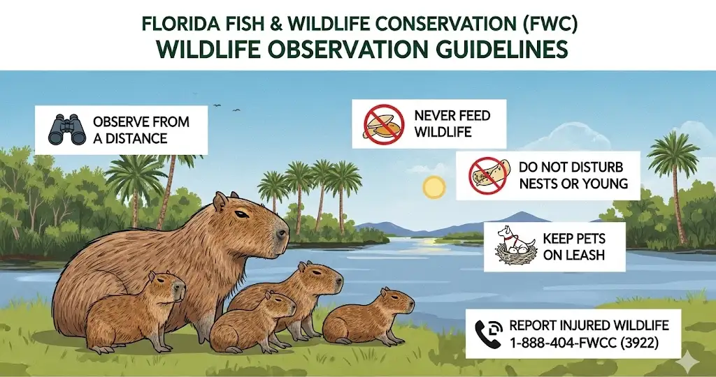 capybara in florida Infographic summarizing Florida Fish & Wildlife Conservation (FWC) wildlife observation guidelines.