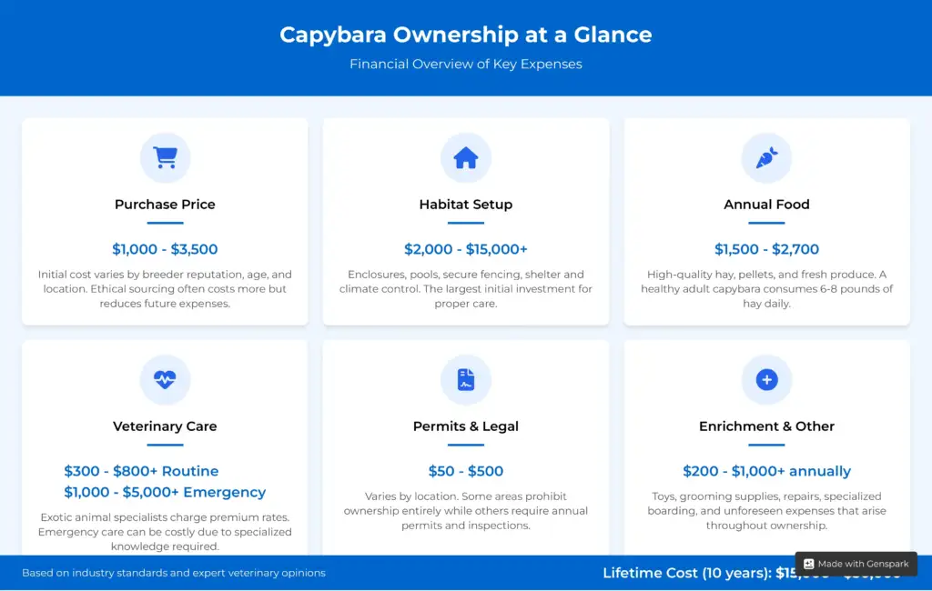 A summary of key capybara ownership costs, including purchase price, habitat setup, food, and vet care.