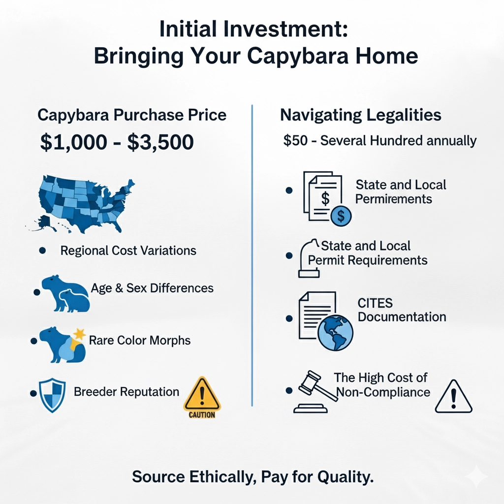 A infographic titled 'The Costs of Capybara Ownership,' with icons for regional costs, age and sex, and breeder reputation, as well as a bar graph showing price factors.