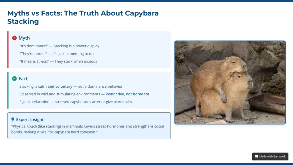 Two capybaras huddling together, one with its head resting on the back of the other.