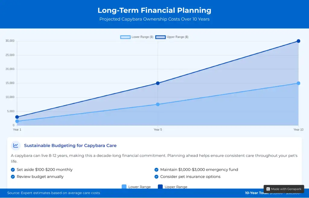 A line graph showing the projected long-term costs of capybara ownership over a 10-year period.