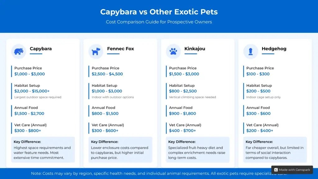 A cost comparison guide for owning a capybara versus other exotic pets like a fennec fox, kinkajou, and hedgehog.