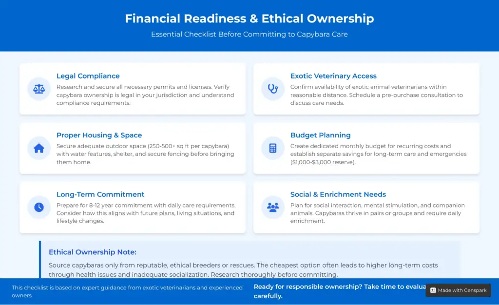 An essential checklist for capybara ownership covering legal, financial, housing, and ethical considerations.