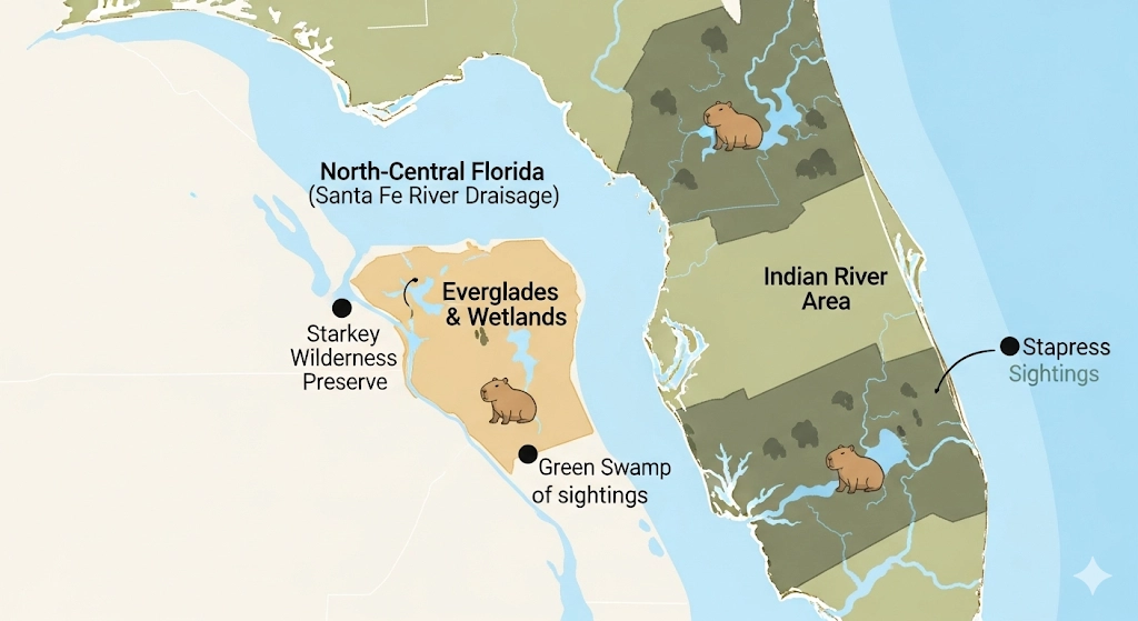 Map showing areas of high capybara population density in Florida